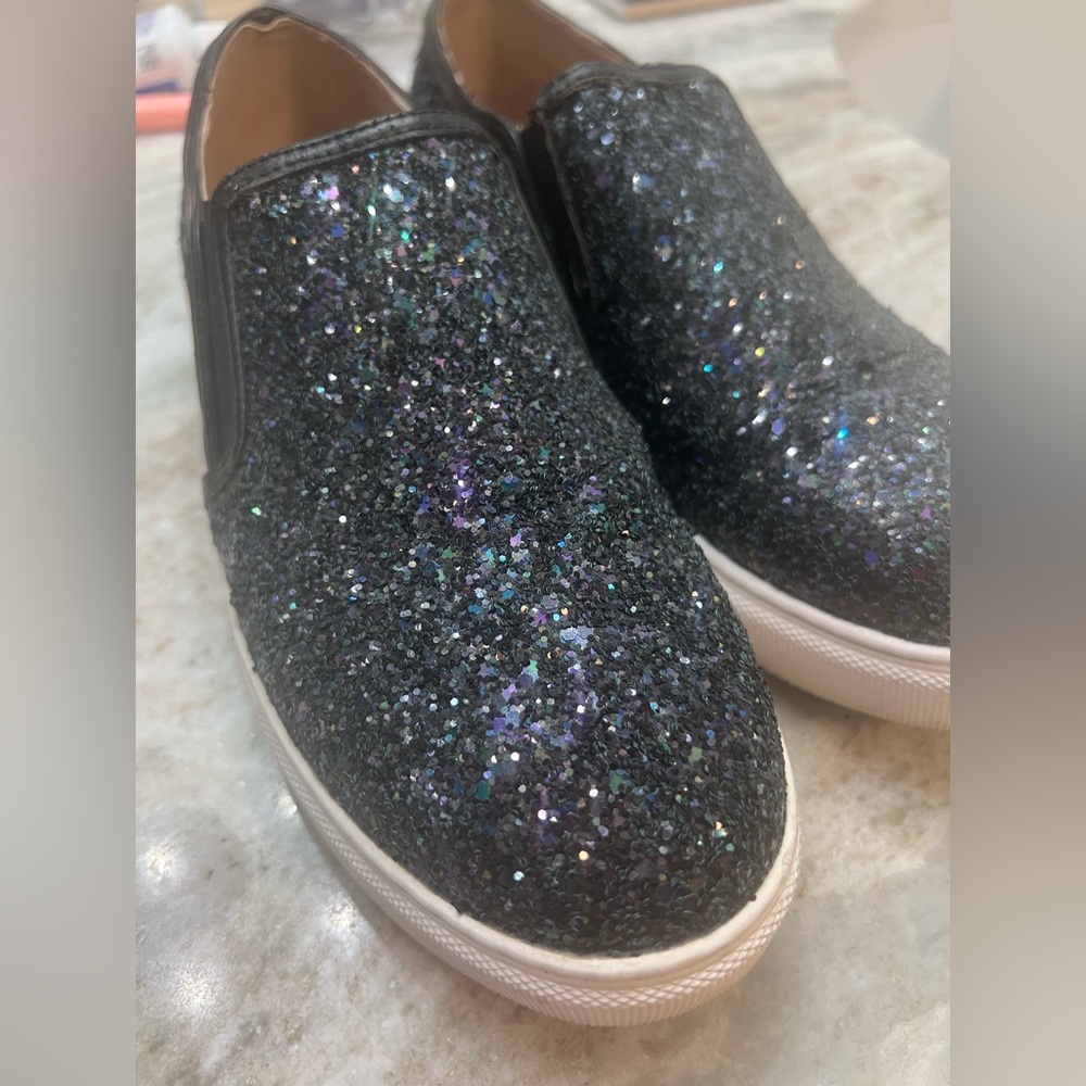 J slides slip on black glitter galaxy shoes size 8